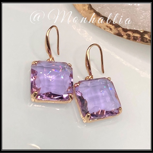 925 ice cube crystal purple amethyst emerald cut gold translucent lucite earring - Picture 3 of 5